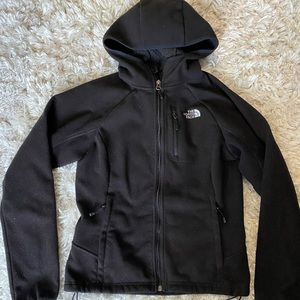 Black hooded North Face jacket